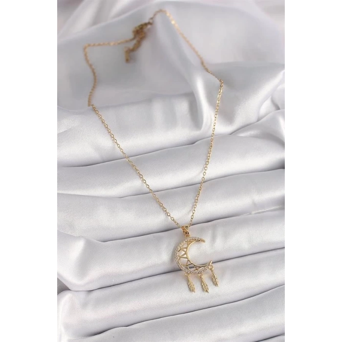 316L Çelik Gold Renk Zincir Zirkon Taşlı Hilal Model Sallantı Yaprak Detay Kadın Kolye