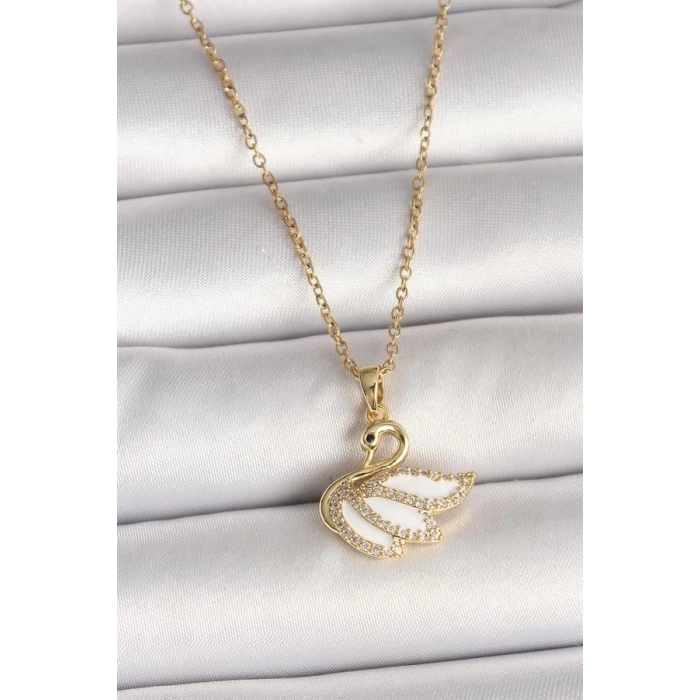 316L Çelik Gold Renk Zincir Zirkon Taşlı Kuğu Model Kadın Kolye
