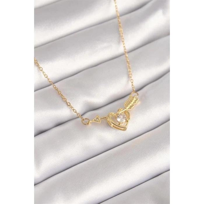 316L Çelik Gold Renk Zincir Zirkon Taşlı Ok Kalp Model Kadın Kolye