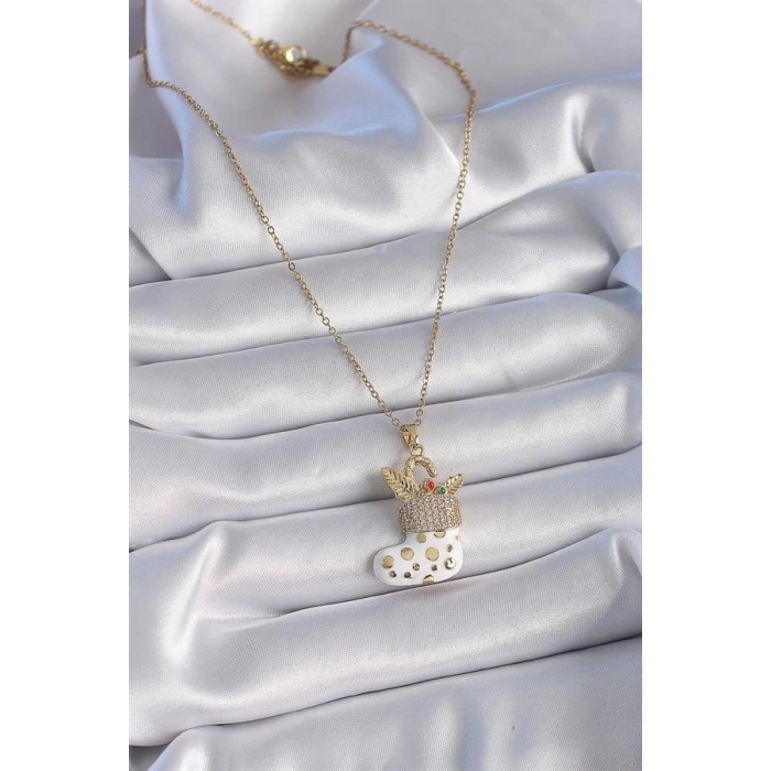 316L Çelik Gold Renk Zincir Zirkon Taşlı Yılbaşı Temalı Noel Çorabı Figür Kadın Kolye