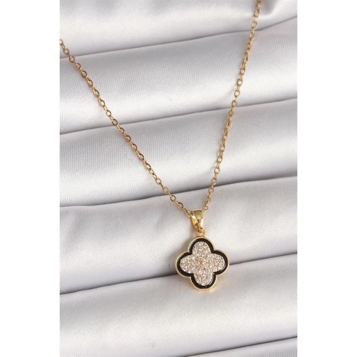316L Çelik Gold Renk Zincir Zirkon Taşlı Yonca Model Kadın Kolye