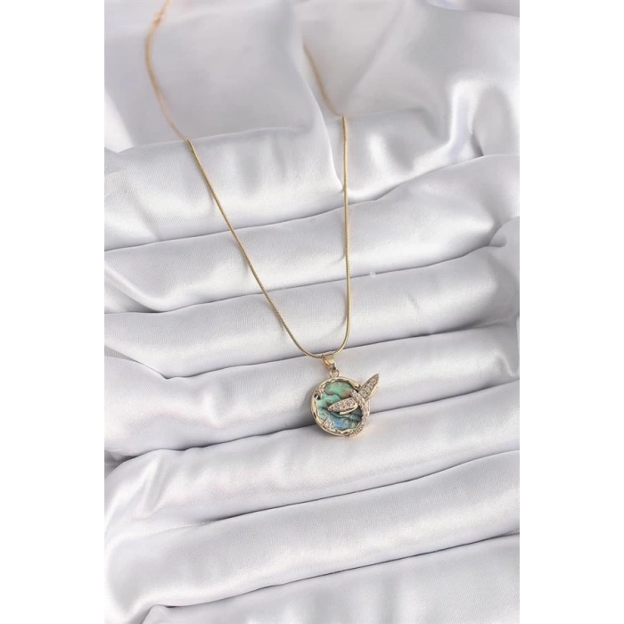 316L Çelik Gold Renk Zincir Zirkon Taşlı Yusufçuk Model Kadın Kolye