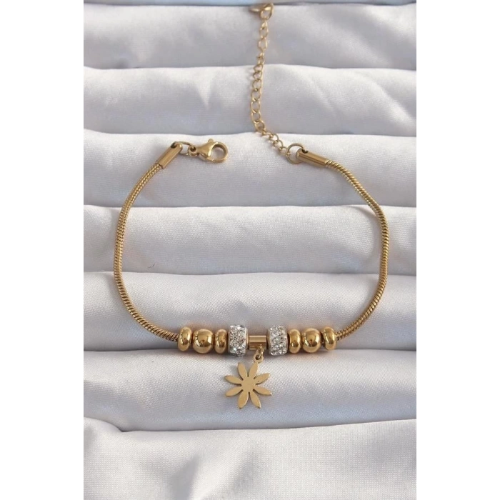 316L Çelik Gold Renk Zirkon Taş Aksesuarlı Çiçek Bileklik