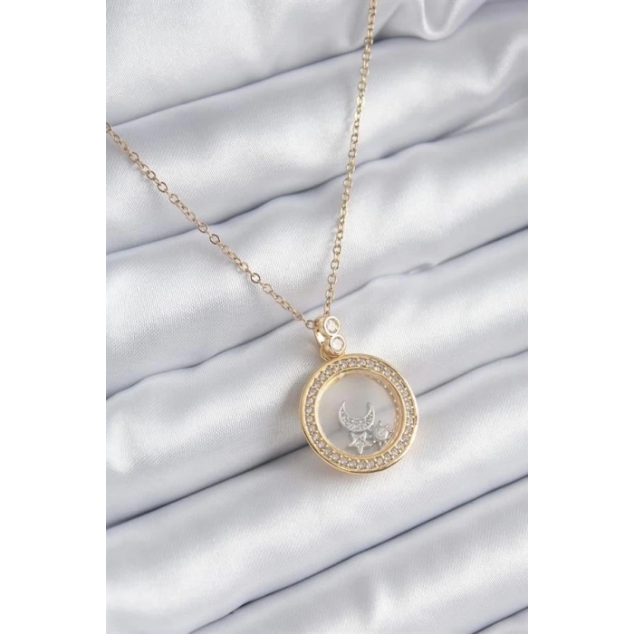 316L Çelik Gold Renk Zirkon Taş Detay Ay Yıldız Fanus Model Kadın Kolye