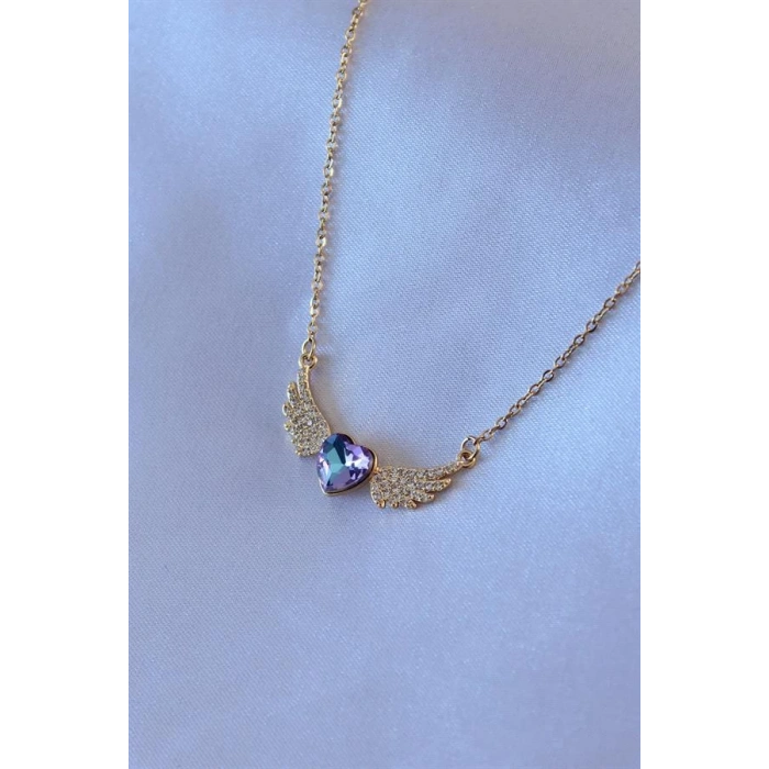 316L Çelik Gold Renk Zirkon Taş Kanatlı Kristal Kalpli Model Kadın Kolye