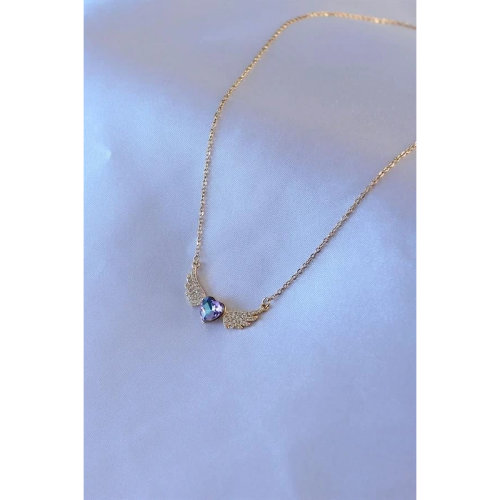 316L Çelik Gold Renk Zirkon Taş Kanatlı Kristal Kalpli Model Kadın Kolye