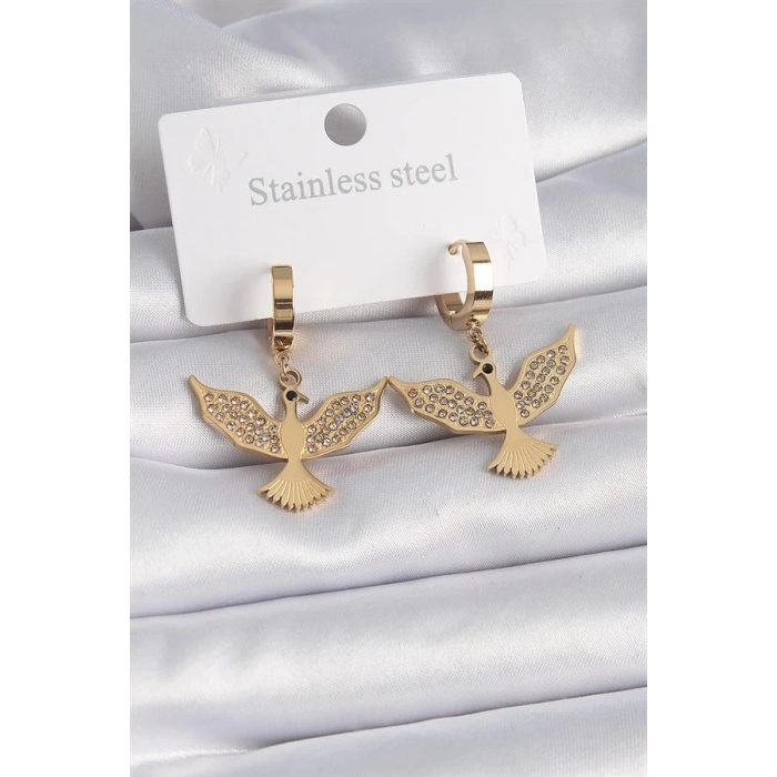 316L Çelik Gold Renk Zirkon Taşlı Anka Kuşu Model Kadın Küpe
