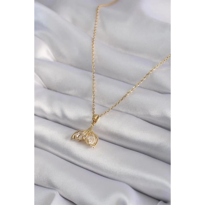316L Çelik Gold Renk Zirkon Taşlı Balık Kuyruğu Model Kadın Kolye