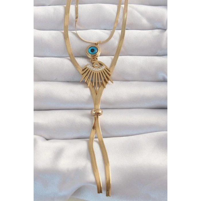 316L Çelik Gold Renk Zirkon Taşlı Göz Detay Nazarlı Uzun Asansör Model Kolye