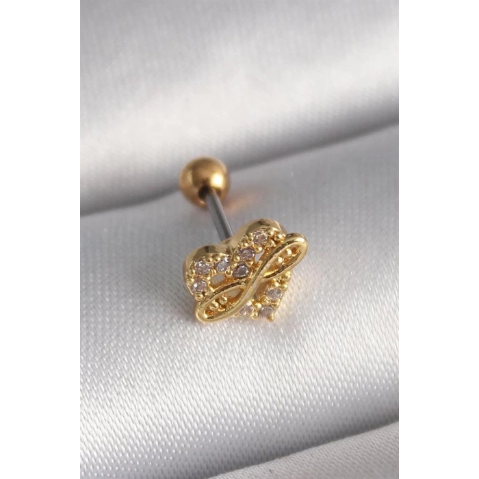 316L Çelik Gold Renk Zirkon Taşlı Kalp Sonsuzluk Detay Tragus Piercing