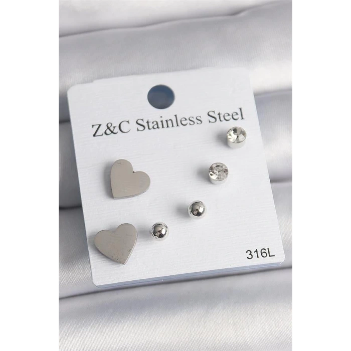 316L Çelik Gold Renk Zirkon Taşlı Kalpli Kadın Küpe Seti