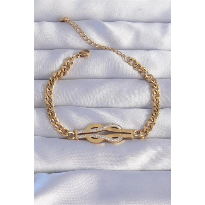 316L Çelik Gold Renk Zirkon Taşlı Kemer Tokası Model Zincir Bileklik