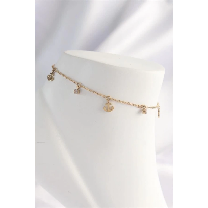 316L Çelik Gold Renk Zirkon Taşlı Minimal Çapa Tasarımlı Halhal