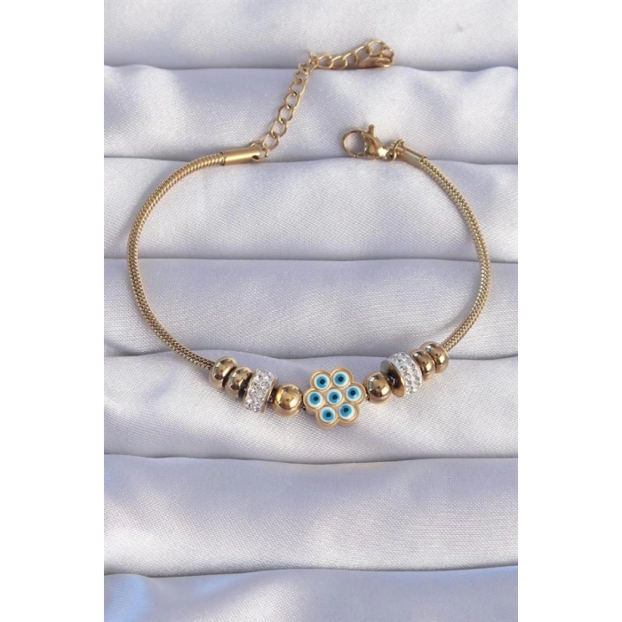 316L Çelik Gold Renk Zirkon Taşlı Nazarlı Çiçek Tasarımlı Bileklik