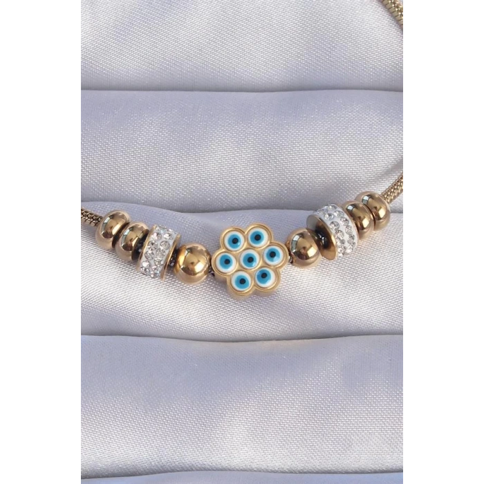 316L Çelik Gold Renk Zirkon Taşlı Nazarlı Çiçek Tasarımlı Bileklik