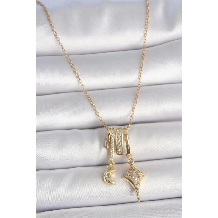 316L Çelik Gold Renk Zirkon Taşlı Sallantı Ay Yıldız Figür Charm Kadın Kolye