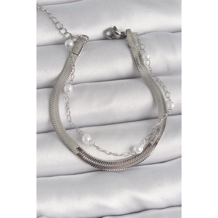 316L Çelik Gümüş Renk 2Li İtalyan Zincir İnci Detay Kadın Bileklik