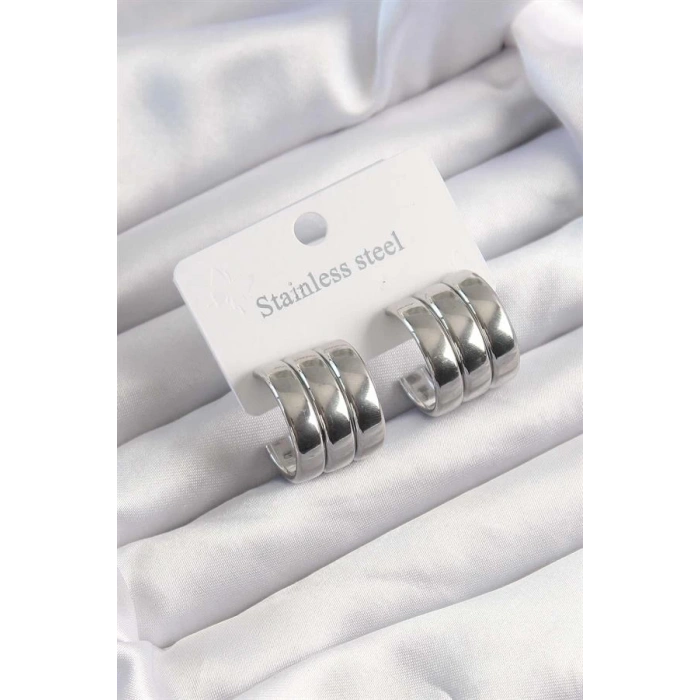 316L Çelik Gümüş Renk 3lü Görünüm Bombe Model Yarım Halka Küpe