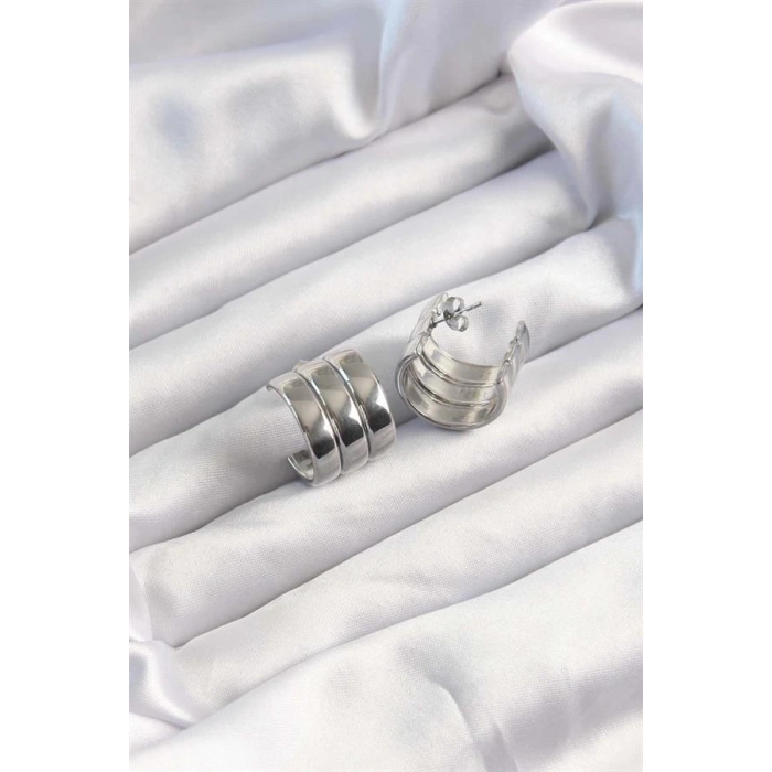 316L Çelik Gümüş Renk 3lü Görünüm Bombe Model Yarım Halka Küpe