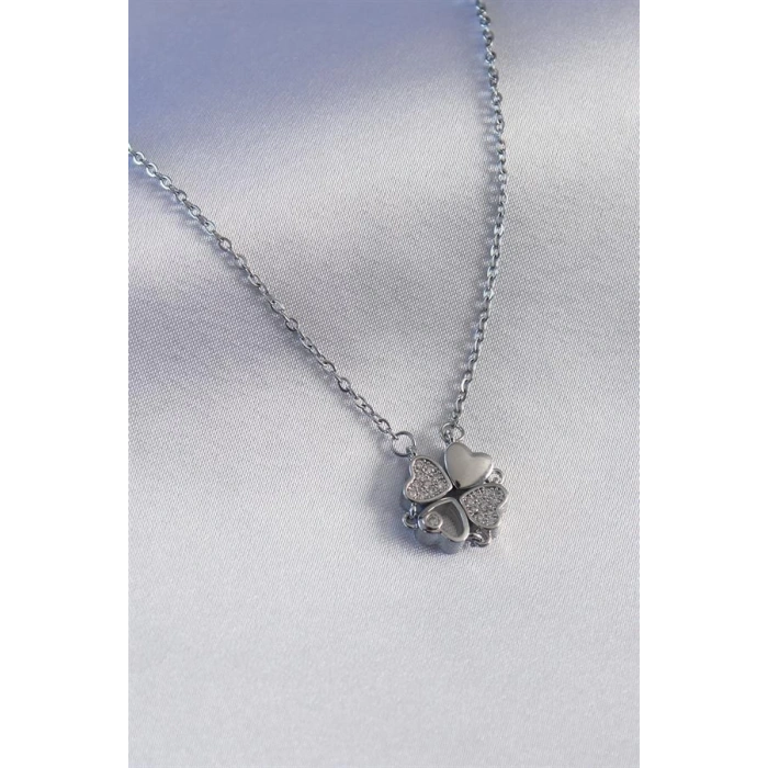 316L Çelik Gümüş Renk Açılır Zirkon Taşlı Yonca Model Kadın Kolye