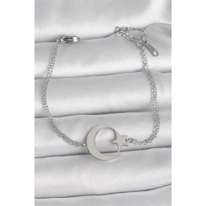 316L Çelik Gümüş Renk Ay Yıldız Model Kadın Bileklik