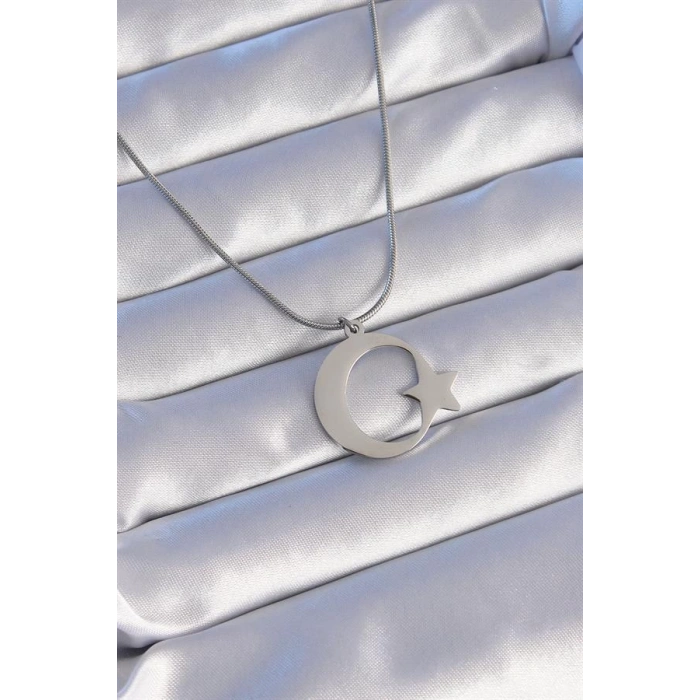 316L Çelik Gümüş Renk Ay Yıldız Model Unisex Kolye