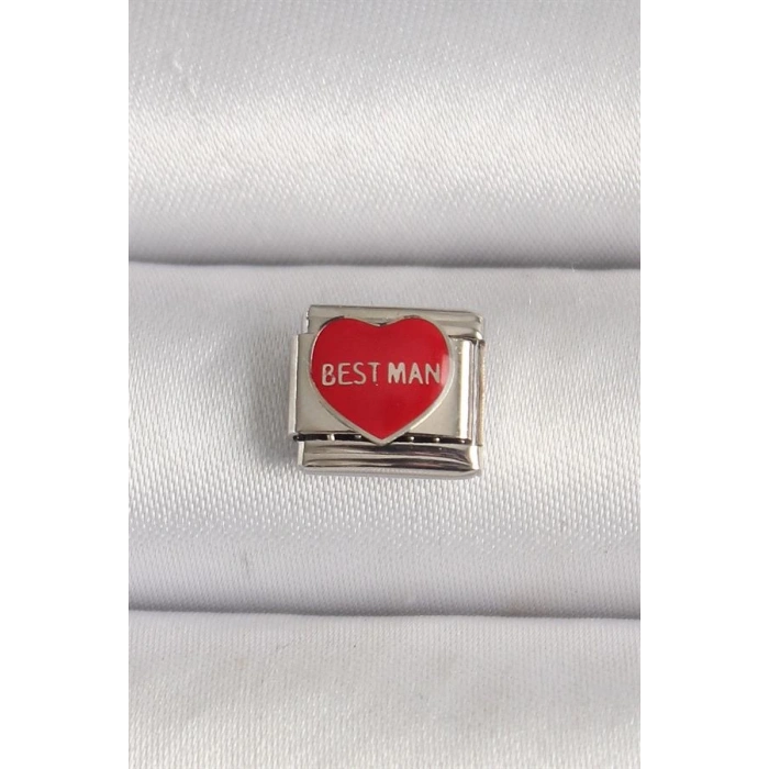 316L Çelik Gümüş Renk Best Man Yazılı Kırmızı Kalp İşlemeli Nomination Charm