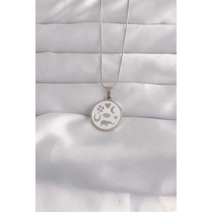 316L Çelik Gümüş Renk Beyaz Mineli Karışık Figürlü Tarot Kolye