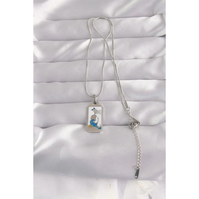 316L Çelik Gümüş Renk Beyaz Mineli Kız Figür Tarot Kolye