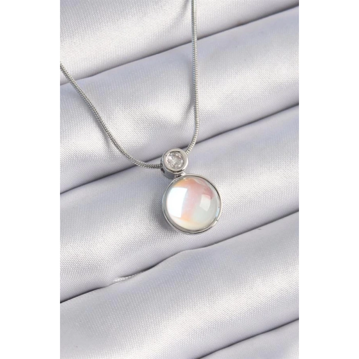 316L Çelik Gümüş Renk Beyaz Sedefli Vintage Model Kadın Kolye