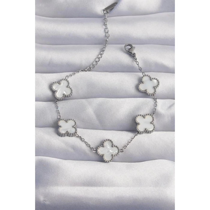 316L Çelik Gümüş Renk Beyaz Sedefli Yonca Bileklik