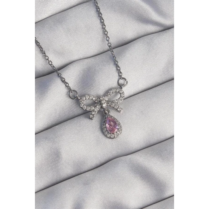 316L Çelik Gümüş Renk Fiyonk Detay Pembe Zirkon Taşlı Damla Kolye