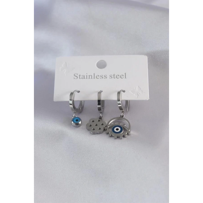 316L Çelik Gümüş Renk Göz Figür Nazar Boncuk Detay Kadın Küpe Kombini