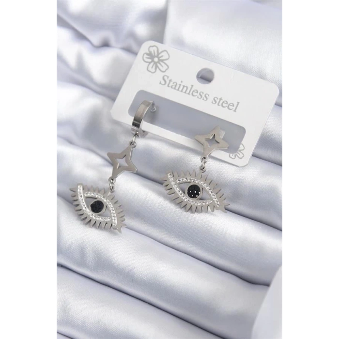 316L Çelik Gümüş Renk Göz Model Zirkon Taşlı Kadın Küpe