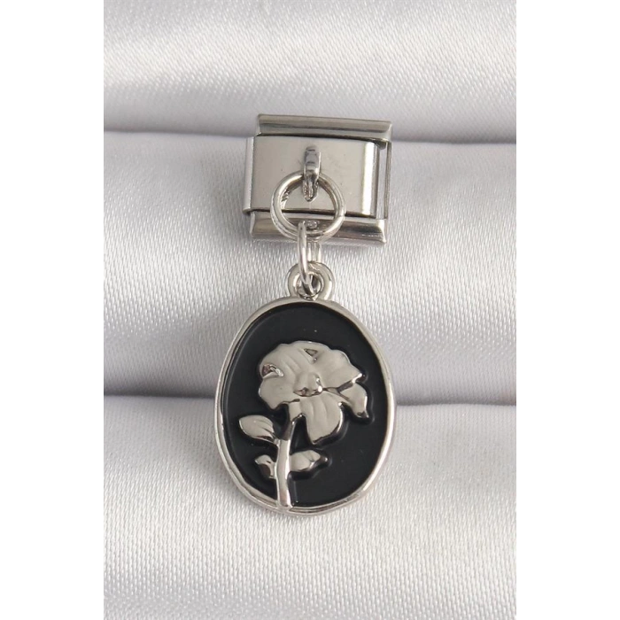 316L Çelik Gümüş Renk Gümüş Çiçek İşlemeli Siyah Portre Model Nomination Charm
