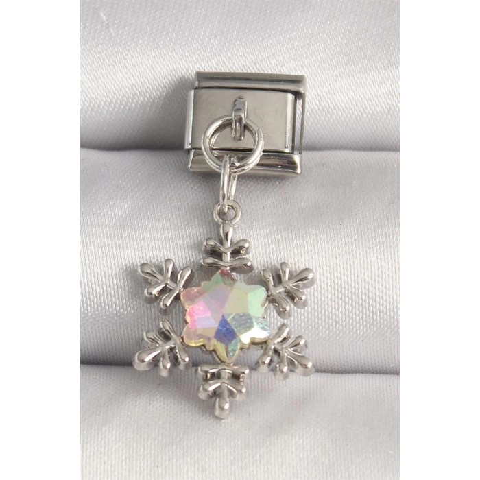 316L Çelik Gümüş Renk Hologram Mineli Kar Tanesi Model Nomination Charm