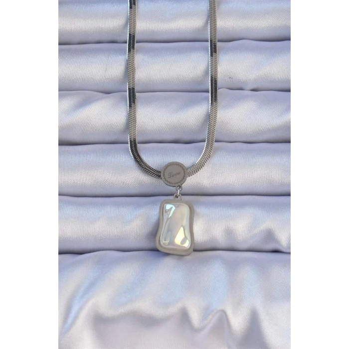 316L Çelik Gümüş Renk İtalyan Zincir Ezme Taşlı Kolye