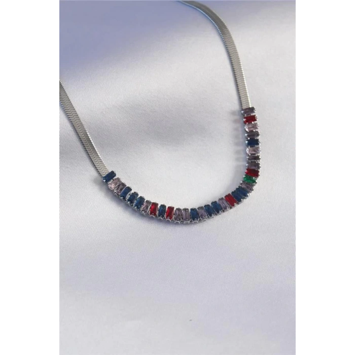 316L Çelik Gümüş Renk İtalyan Zincir Model Renkli Zirkon Taşlı Kadın Kolye