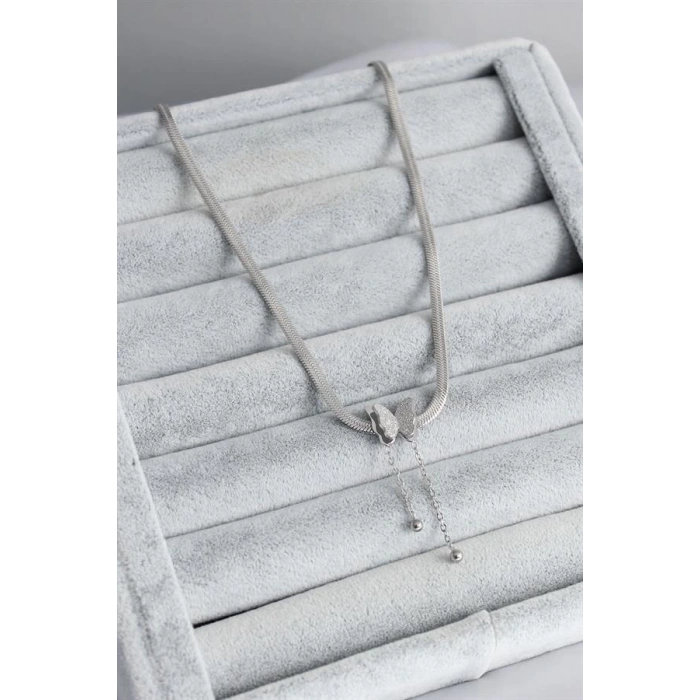 316L Çelik Gümüş Renk İtalyan Zincir Model Simli Kelebek Figür Kadın Kolye