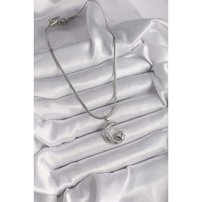 316L Çelik Gümüş Renk İtalyan Zincir Zirkon Taşlı Halil Figür Kalp Detay Kadın Kolye