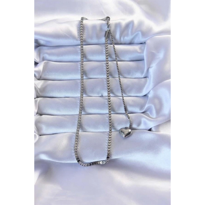 316L Çelik Gümüş Renk Küp Zincirli Kalpli Kolye