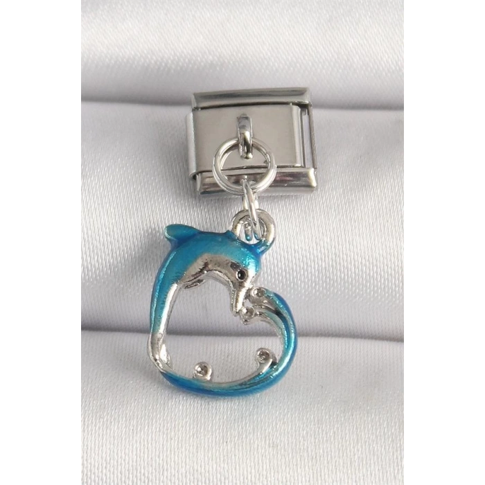 316L Çelik Gümüş Renk Mavi Yunus Model Nomination Charm