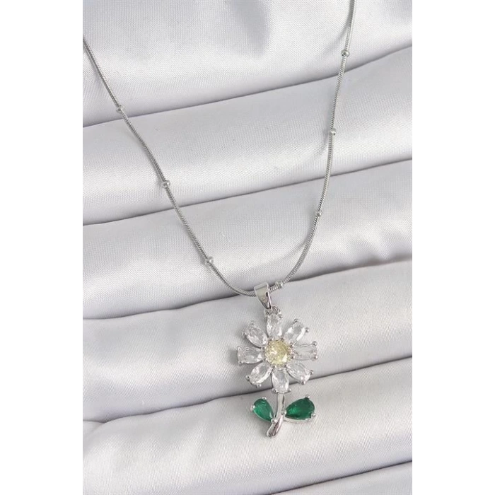 316L Çelik Gümüş Renk Minimal Topçuk Zincir Zirkon Taşlı Papatya Model Kadın Kolye