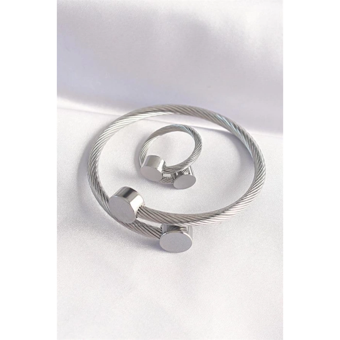 316L Çelik Gümüş Renk Oval Aksesuarlı Burgu Model Bileklik ve Yüzük Kombini