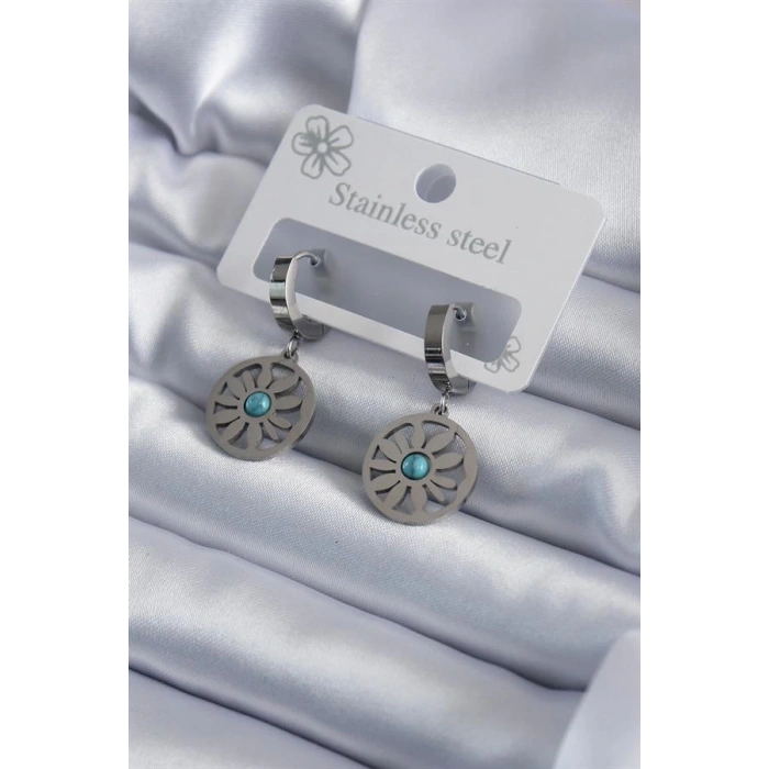 316L Çelik Gümüş Renk Papatya Model Mavi Taş Detay Kadın Küpe