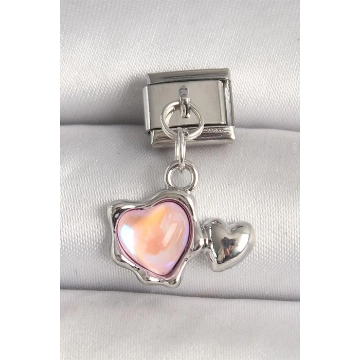 316L Çelik Gümüş Renk Pembe Mineli Kalp Model Nomination Charm