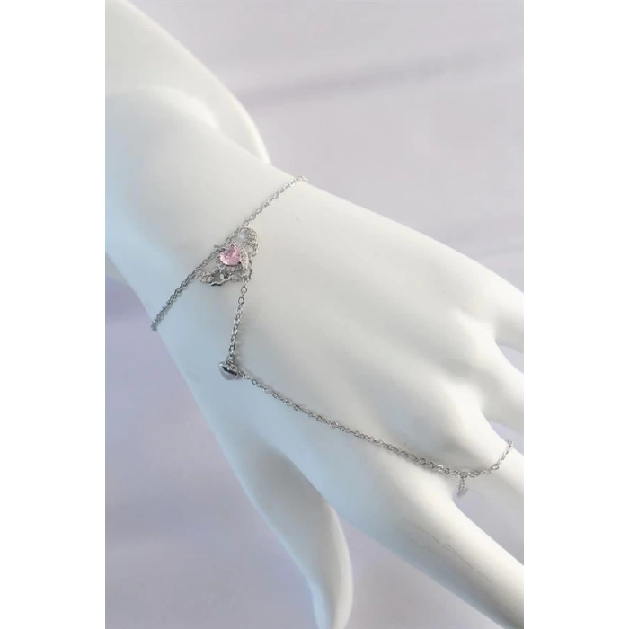 316L Çelik Gümüş Renk Pembe Zirkon Taşlı Kanatlı Kalp Model Şahmeran