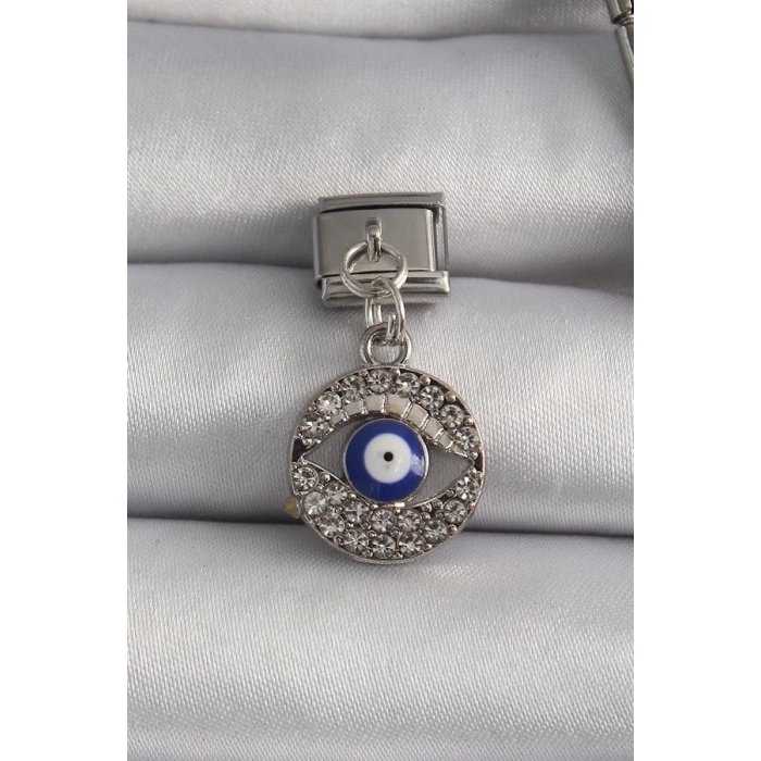 316L Çelik Gümüş Renk Sallantı Zirkon Taşlı Göz Model Nazar Boncuk Detay Nomination Charm