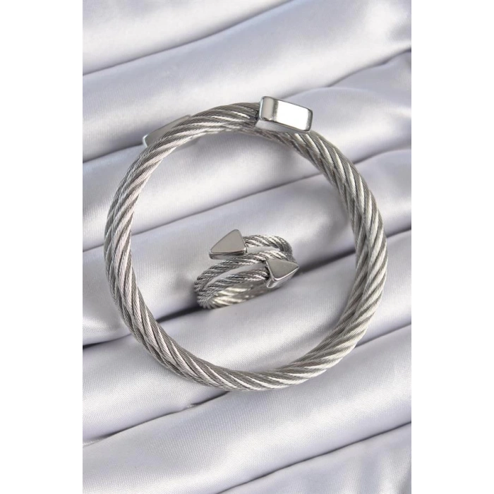 316L Çelik Gümüş Renk Sarmal Model Erkek Bileklik Yüzük Kombini