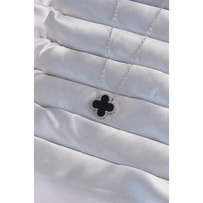 316L Çelik Gümüş Renk Siyah Mineli Yonca Kolye